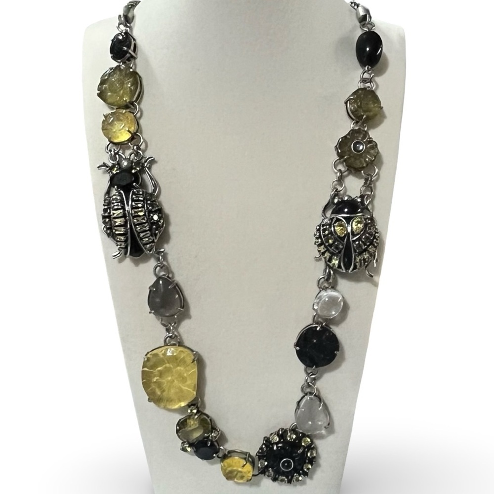 Silver Tone PJM Faux Stones HUGE Bug Beetle Acrylic Flower Linked Necklace